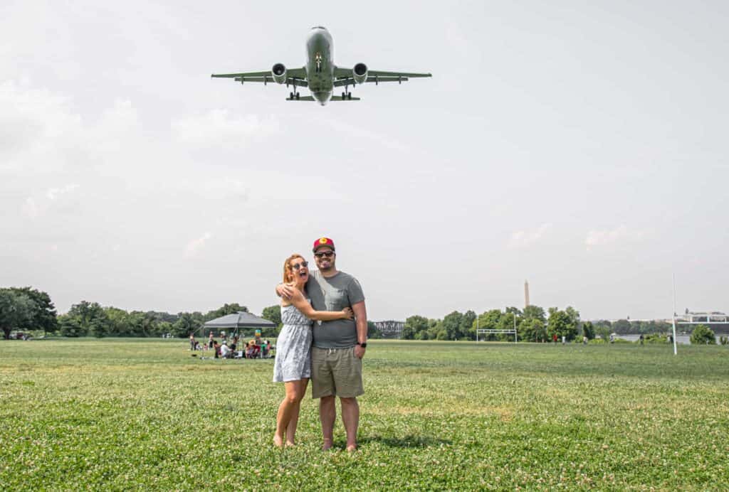 This is a picture of us at Gravelly Point Park with an airplane flying over. 