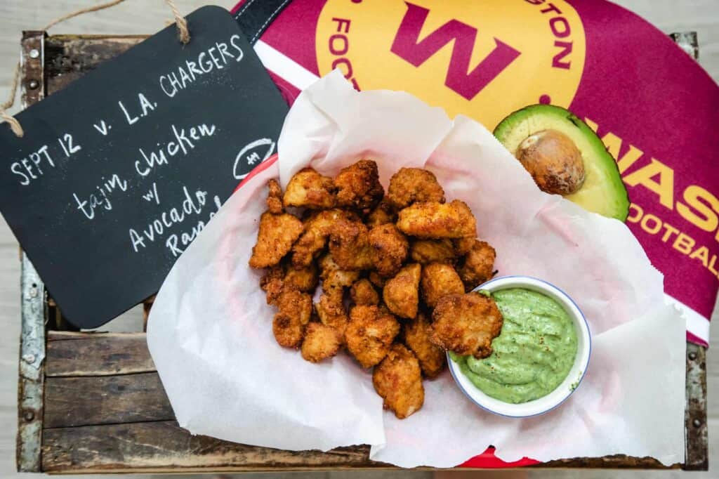 This is a picture of Chicken Nuggets with Avocado and Jalapeño Lime Ranch