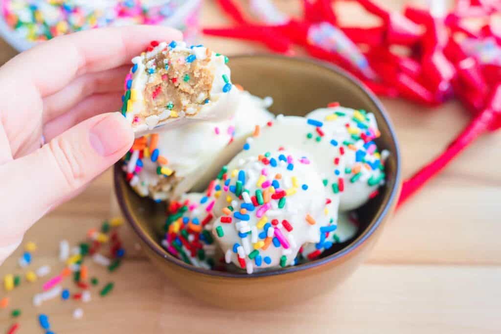 This is a picture of gluten-free confetti cookie dough bites. 