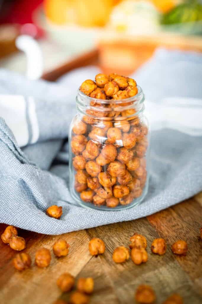 This is a picture of crunchy chickpeas in a jar. 
