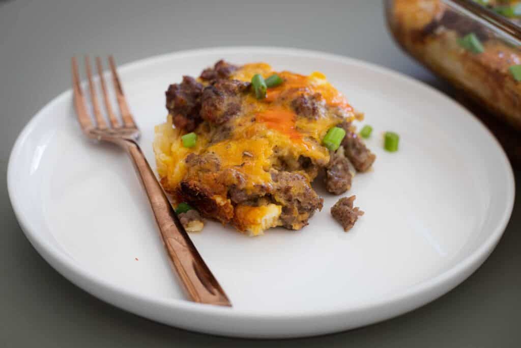 This is a picture of creamy sausage breakfast casserole on a plate.