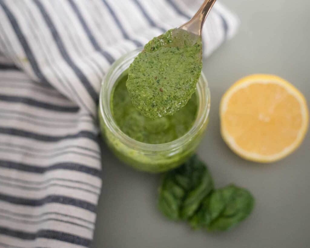 This is a picture of vegan pesto in a jar. The Hangry Economist.