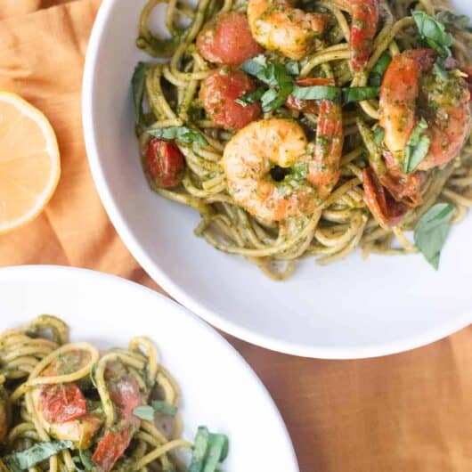 Shrimp and Pesto Pasta with Tomatoes (Dairy Free)