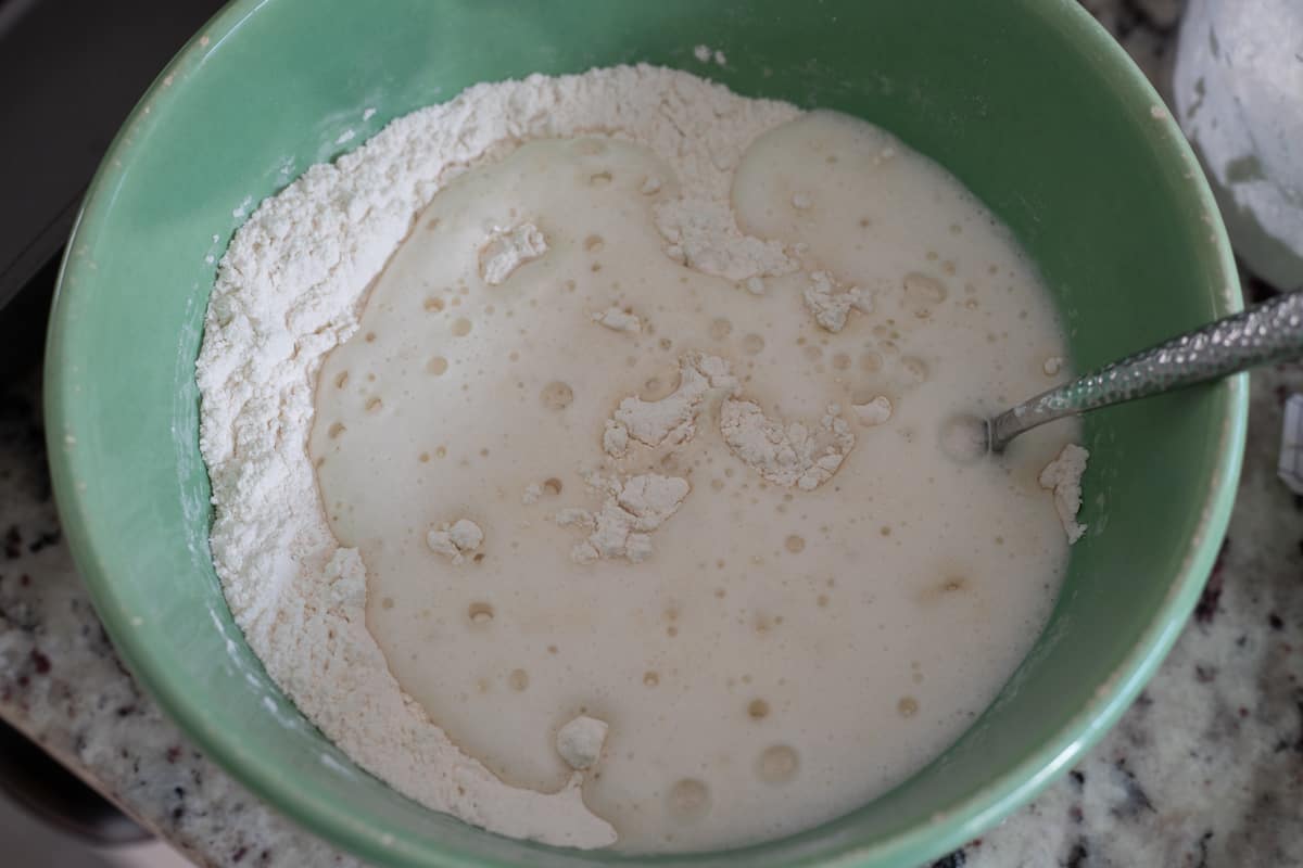 A flour and beer mixture in a mixing bowl. 