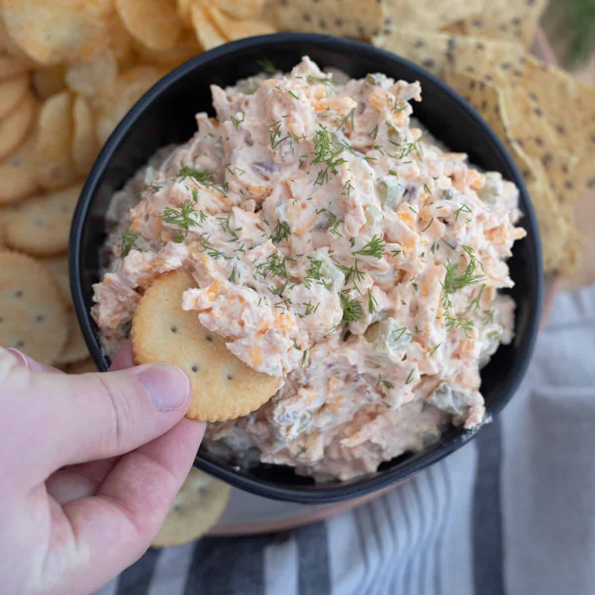 A bowl of pickle popper dip with a cracker being dipped into it.