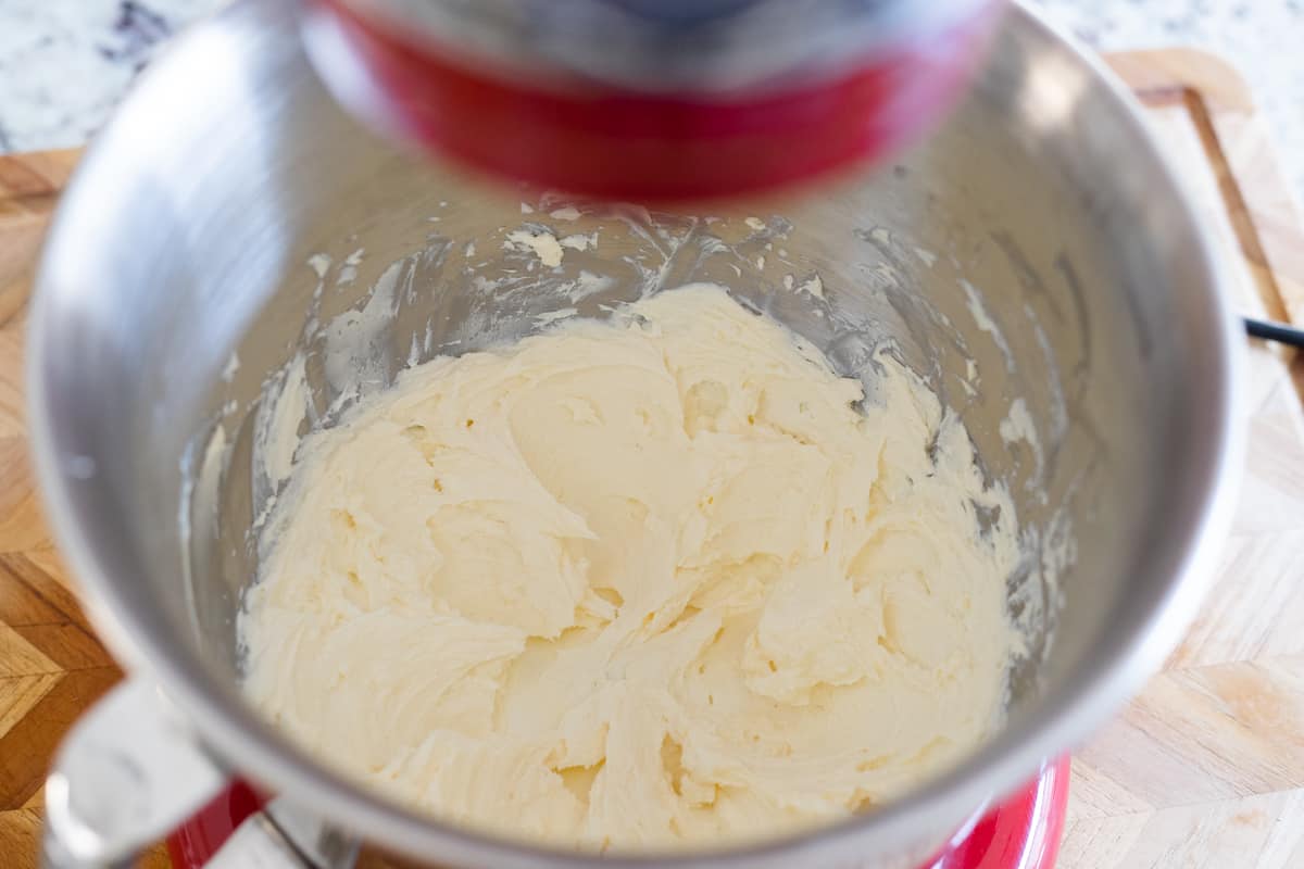 Cream cheese frosting in a stand mixer. 