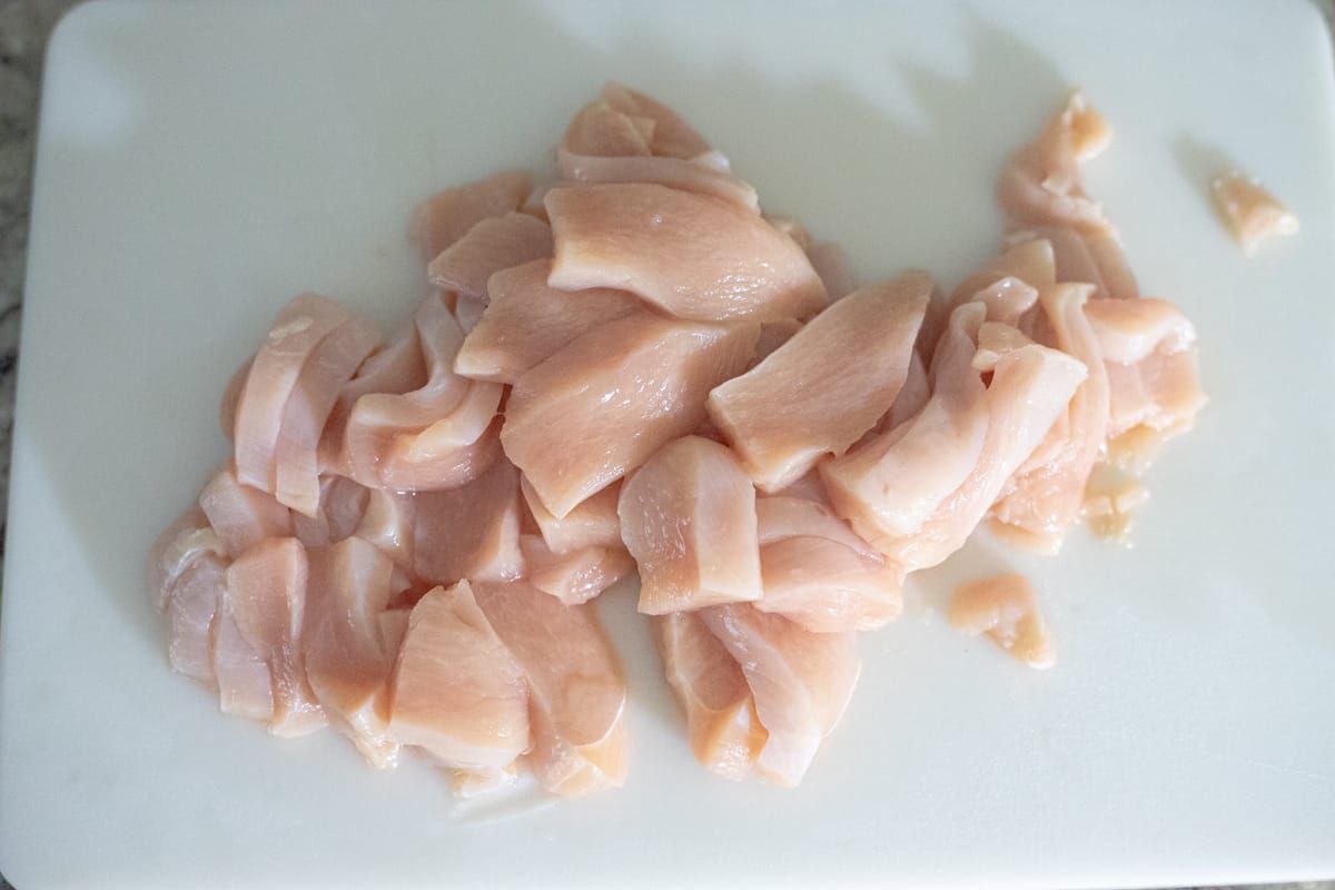 Chicken cut up in a bowl. 