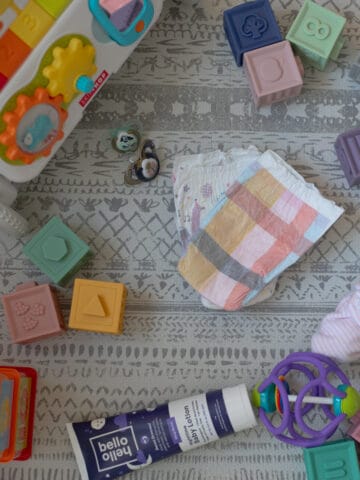 Baby products scattered on the floor.