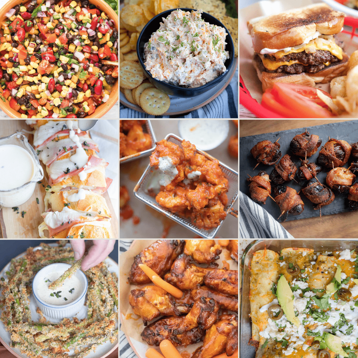 A grid of 9 photos of our favorite Super Bowl recipes. 