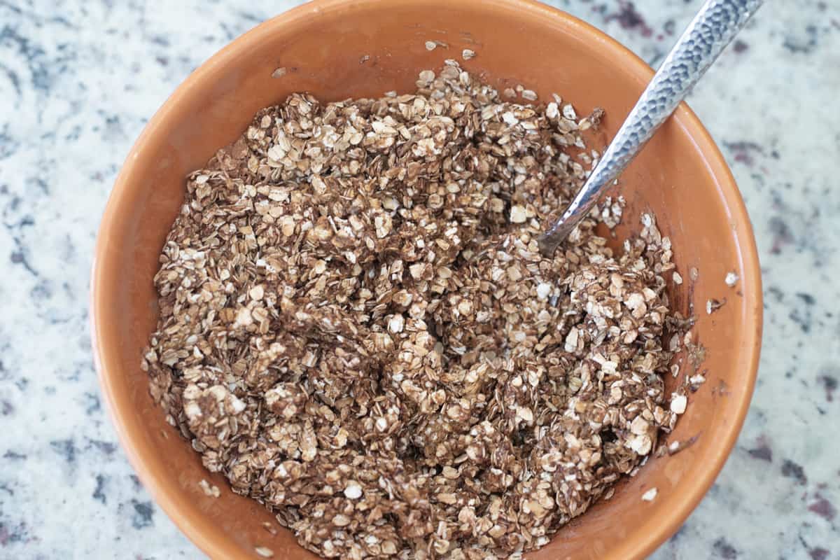 Oats, sunflower butter, and cocoa powder mixed together in a bowl. 