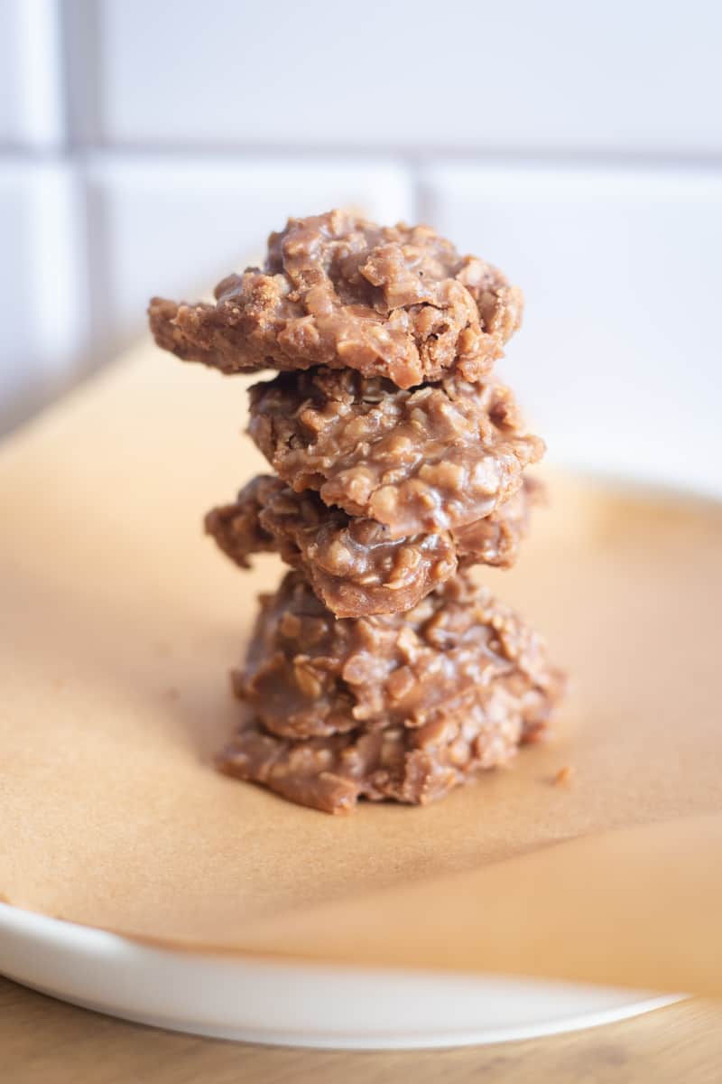 A stack of nut-free no bake cookies. 