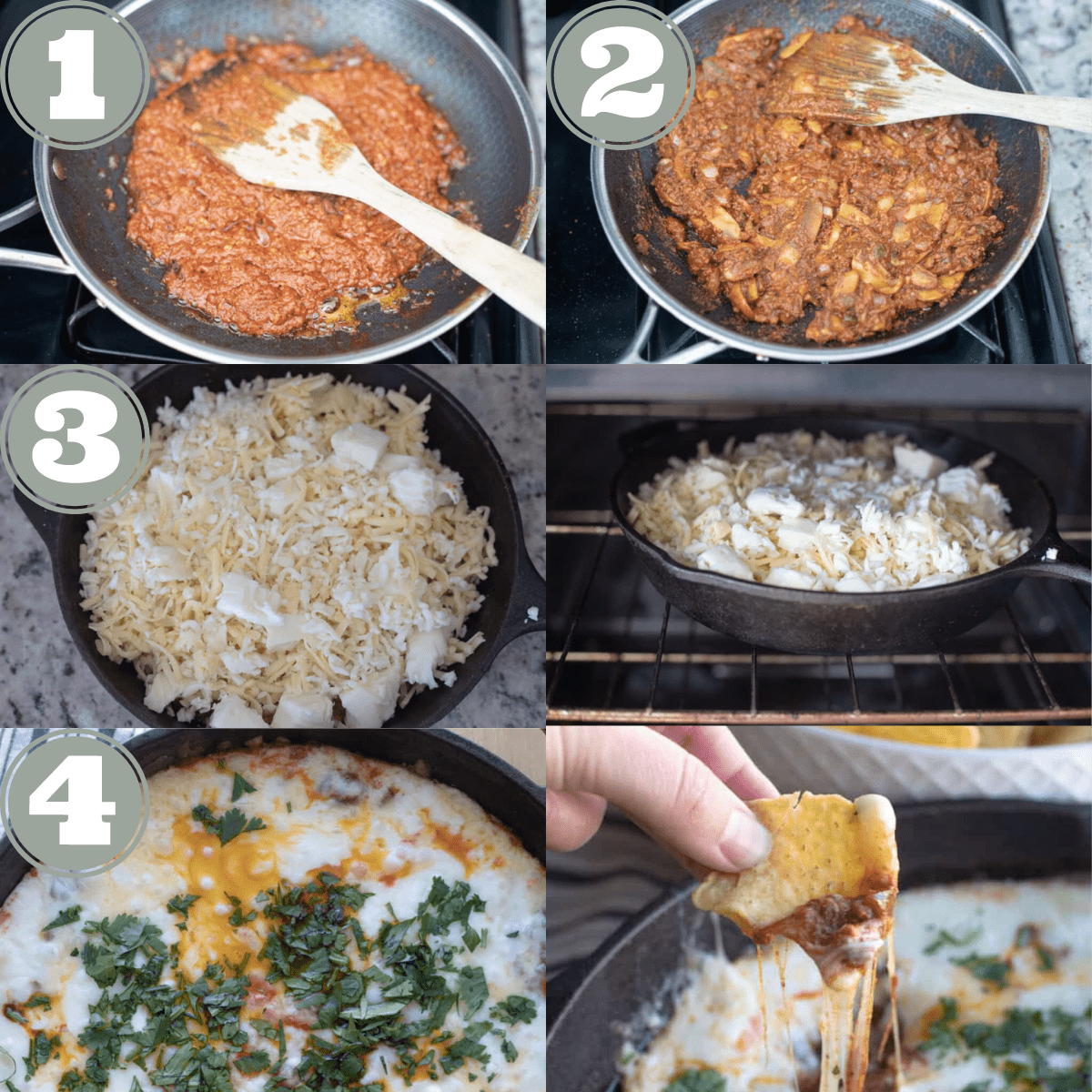 Step-by-step instructions of how to make chorizo queso fundido with six descriptive pictures. 