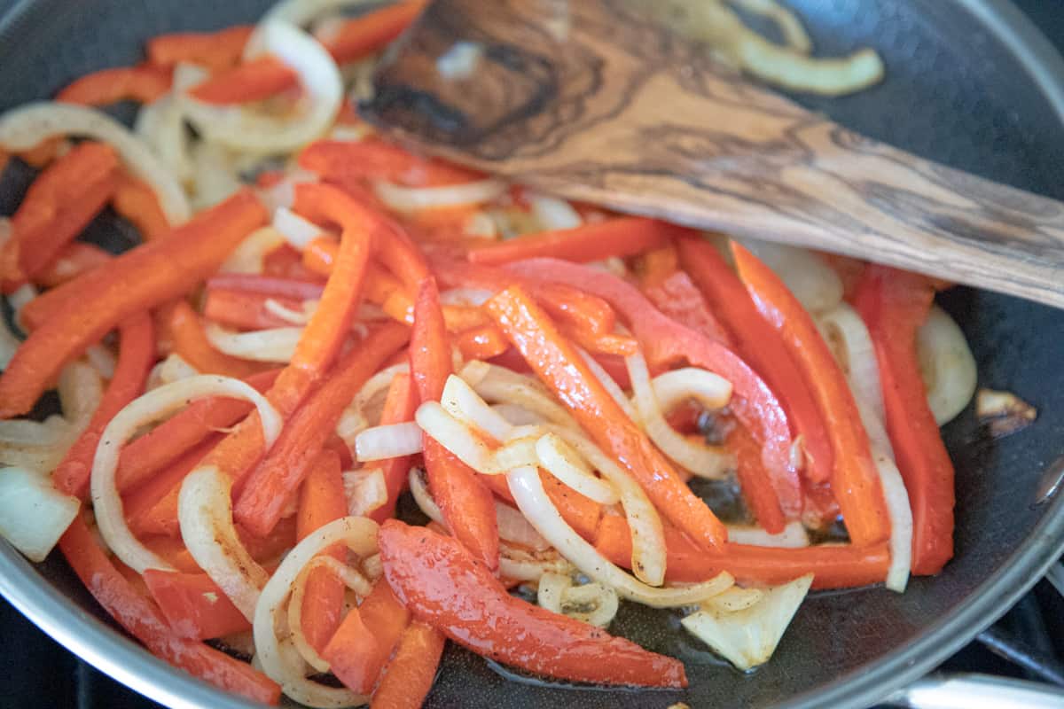 Peppers and onions cooling in a pan. 