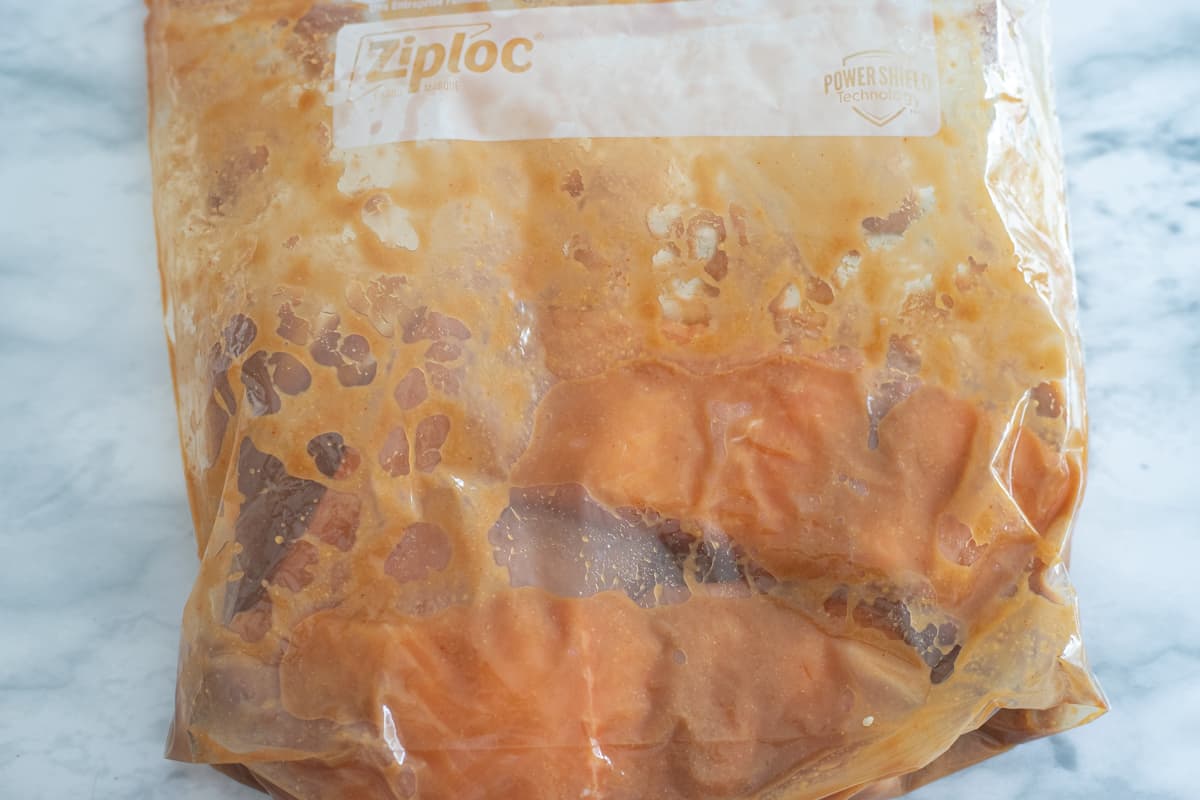 Salmon marinating in a ziplock baggie. 