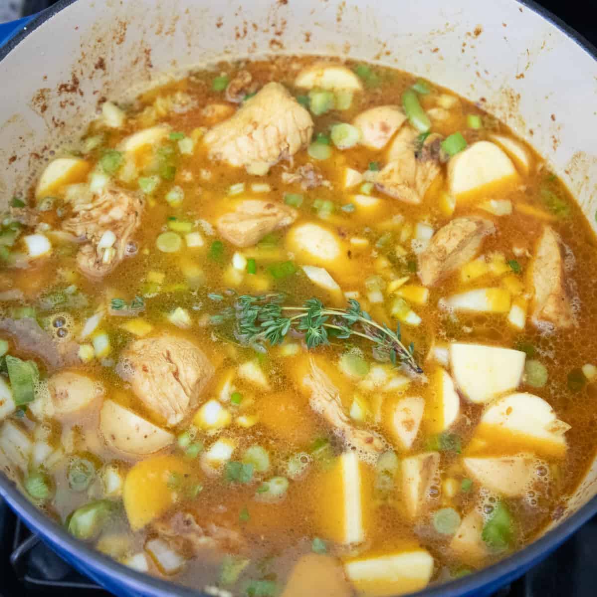 Curry chicken ingredients in a pot, including chicken, green onions, potatoes, and other vegetables.