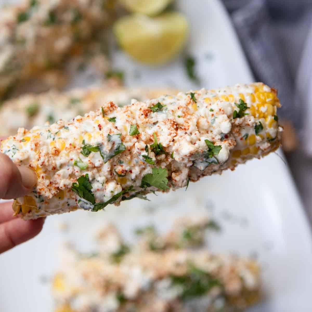 A hand holding an ear of Mexican street corn topped with cilantro.