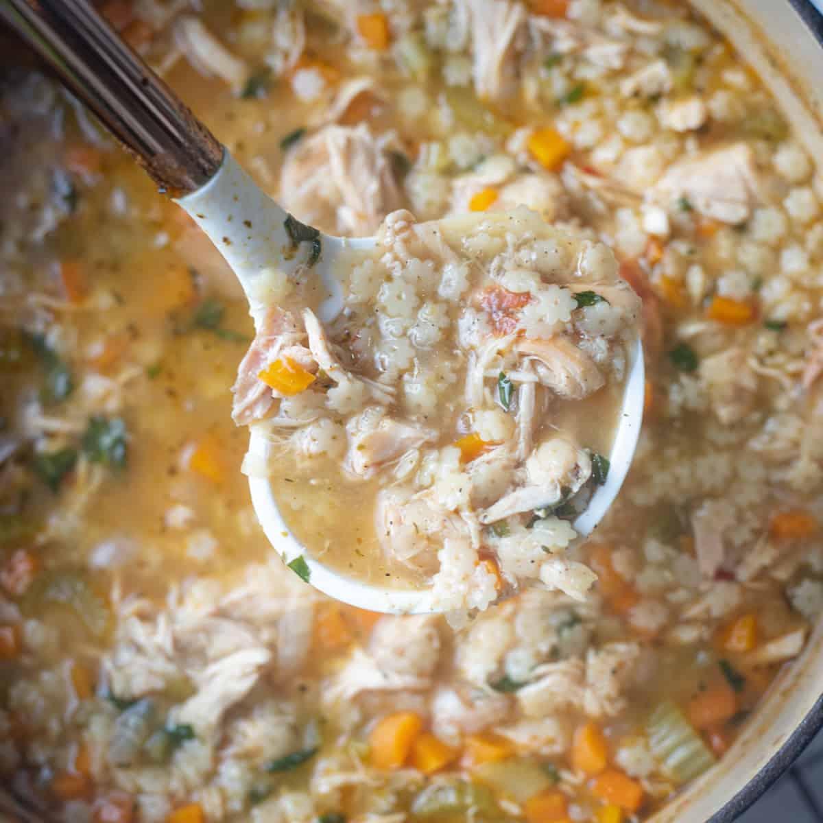 A ladle of cooked chicken and stars soup over a dutch oven filled with soup. 