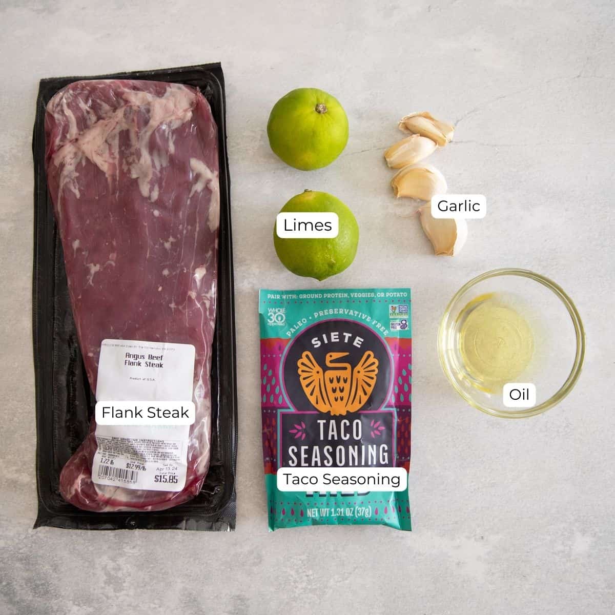 Ingredients for Traeger flank steak on a countertop. 