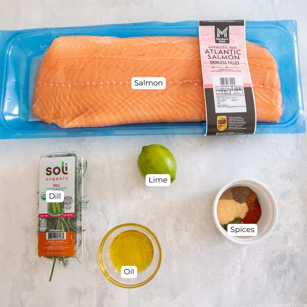 Ingredients needed for Traeger salmon sitting on a countertop. 